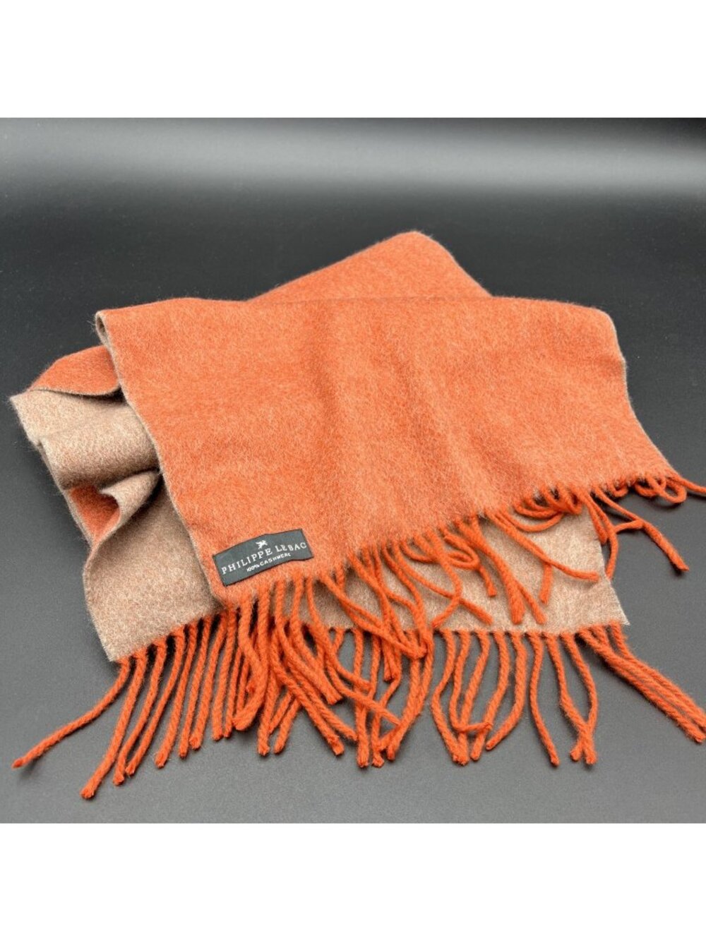 Philippe Le Bac 100% Cashmere Scarf Fringe 2 Tone Muted Burnt Orange Taupe
